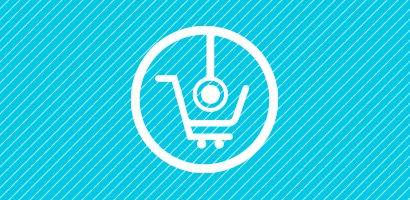 Stethoscope and shopping cart icon in white on cyan background.
