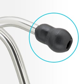 Close up of a black, soft-sealing eartip on an eartube of a 3M Littmann Stethoscope.